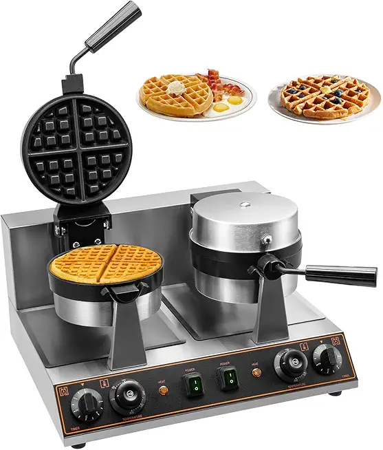 Commercial Dual Head Belgian Waffle Maker, 2600W 110V 201 Stainless Steel Double-head Belgian Waffle Maker Nonstick Kitchen Breakfast Machine with Timer for Restaurant Bakeries Snack Bar