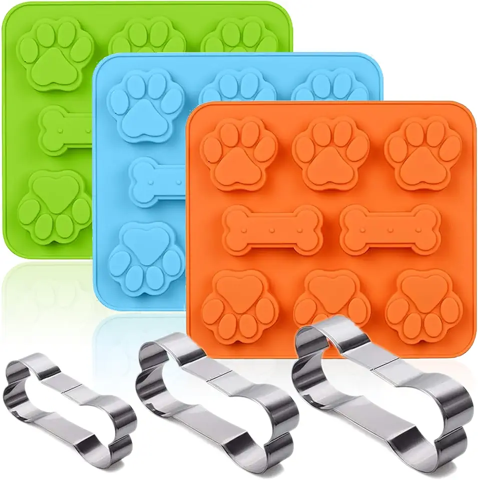 Set of 6,SAGOOITS 3 Packs Silicone Molds Puppy Dog Paw &amp; Bone Shaped 2 in 1 and Stainless Steel Cookie Cutter,for Homemade Treats Cat Animal Ice Candy Chocolate Baking Mold(Blue&amp;Green&amp;Orange)