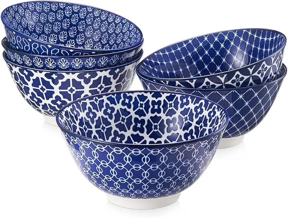 DOWAN 33 OZ Large Bowls Set of 6 - Ceramic Deep Bowls for Ramen, Pasta, Salad - Vintage Blue Porcelain Bowls for Kitchen Decor &amp; Housewarming Gift - Dishwasher &amp; Microwave Safe