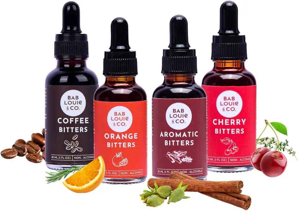 Bab Louie &amp; Co. Bitters for Cocktails Old Fashioned Mix (1 Fl. Oz Each), Whiskey Sour Mix, Pack of 4 Mixer for Mocktails Non-Alcoholic Drinks, Tequila Gifts for Men, 100% Natural Made with Herbs