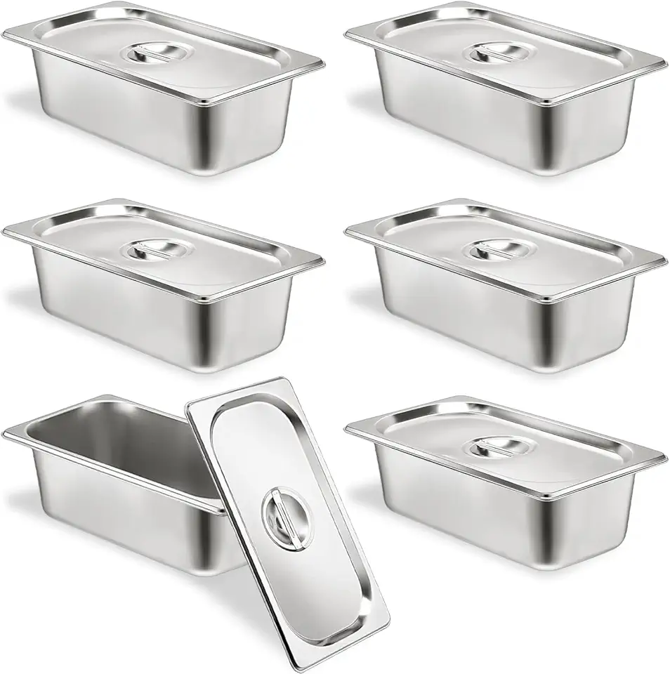 6 Set Stainless Steel Hotel Pans 1/3 Size 4 Inch Deep With Lids, Anti-Jam Chafing Steam Table Pans, Catering Food Storage Metal Pan