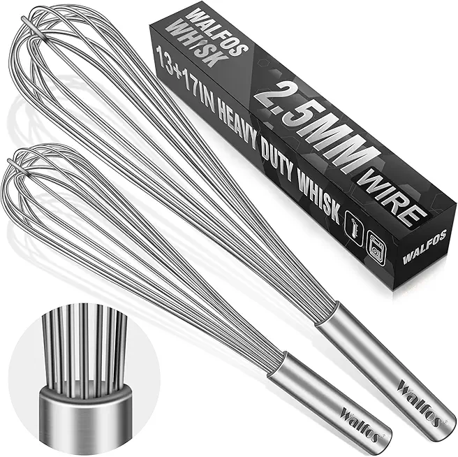 Walfos Whisks Large Whisk Set of 2, Heavy Duty Stainless Steel Wire Whisk Ideal For Beating Eggs, Mixing Batter &amp; Blending Sauces.（13in+17in)