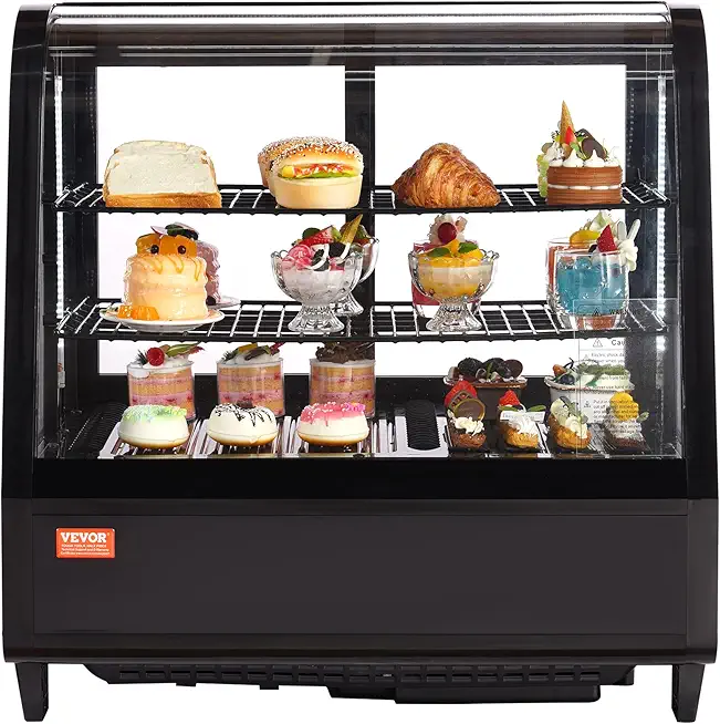 VEVOR Refrigerated Display Case, 3.5 Cu.Ft./100L, 2-Tier, Countertop Pastry Display Case Commercial Display Refrigerator with LED Lighting, TURBO Cooling, Frost-Free Air-Cooling, Rear Sliding Door