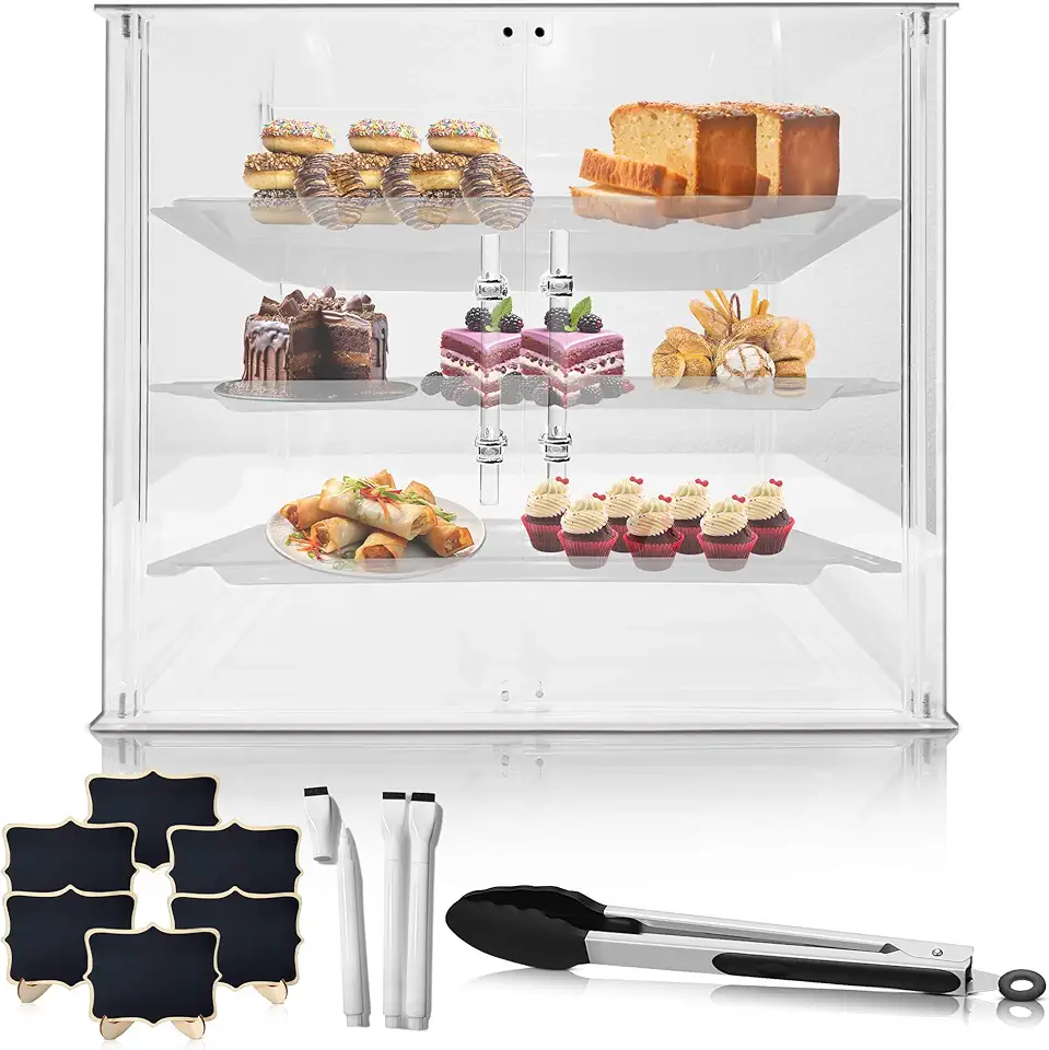 Commercial Countertop Bakery Pastry Display Case - Heavy Duty, Sturdy Stable Clear Acrylic, Upgraded Finish, Stainless Steel Handles, Easy Assembly, Food Tongs, Mini Chalkboard &amp; Markers