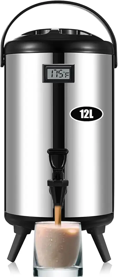 Stainless Steel Insulated Beverage Dispenser Hot Beverage Dispenser Cold and Hot Drink Dispenser with Thermometer, 12L/3.2Gal for Hot Tea&amp;Coffee, Cold Milk, Water,Juice, °C display