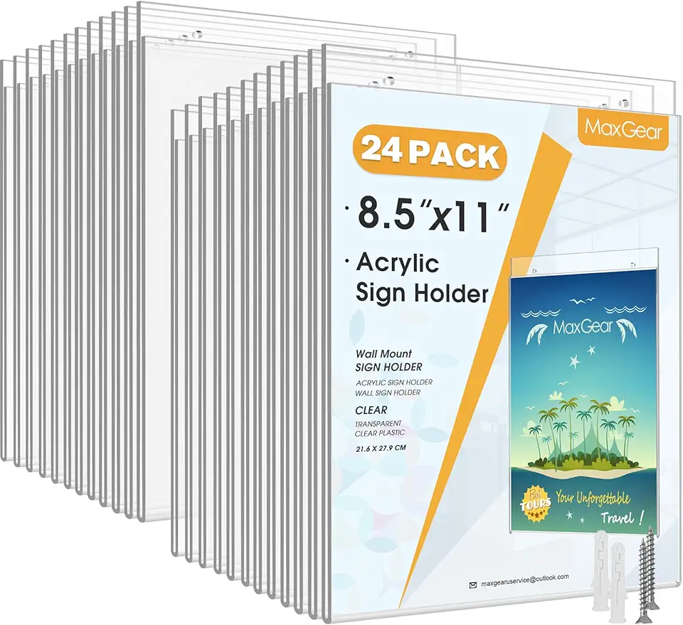 MaxGear Wall Mount Sign Holder 8.5 x 11, Clear Plastic Picture Frames Bonus with Mounting Screws, Wall Sign Holder Door Sign Holder Document Holder Perfect for Home, Office, Store-Vertical, 24 Pack