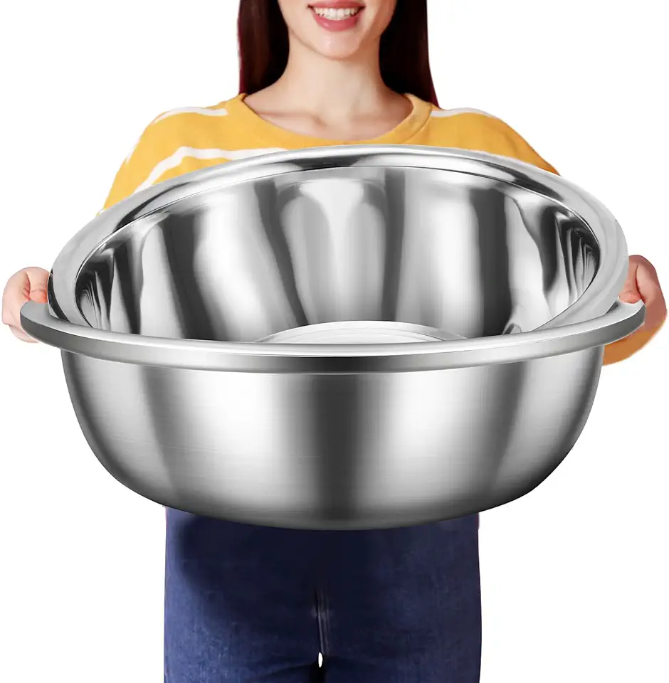 2 Pack Large Mixing Bowl Oversized All Purpose 304 Stainless Steel Bowls Polished Mirror Metal Bowl Flat Base Bowl for Home or Commercial Prepping Baking Mixing Marinating (16 Qt)