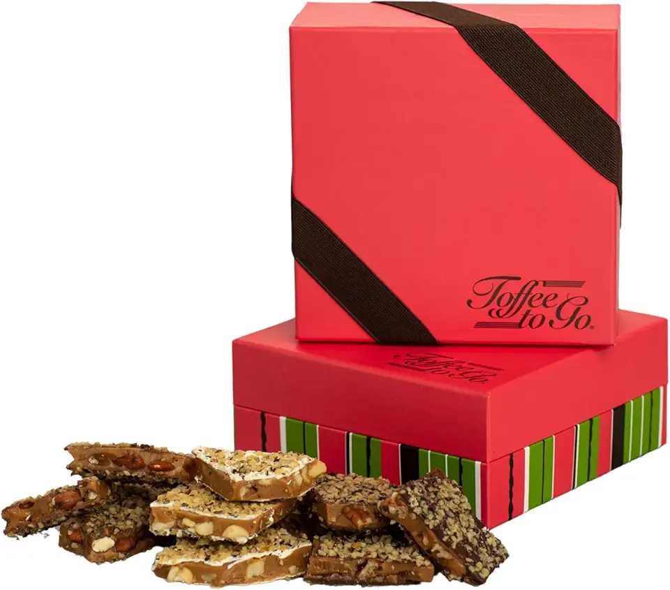 Toffee to Go Assorted Toffee 1 lb Classic Pink Gift Box | Hand Crafted | Gluten Free | Kosher Certified | No Added Preservatives | Delicate Crunch | Milk Chocolate Almond, Dark Chocolate Pecan, and White Chocolate Macadamia Nut