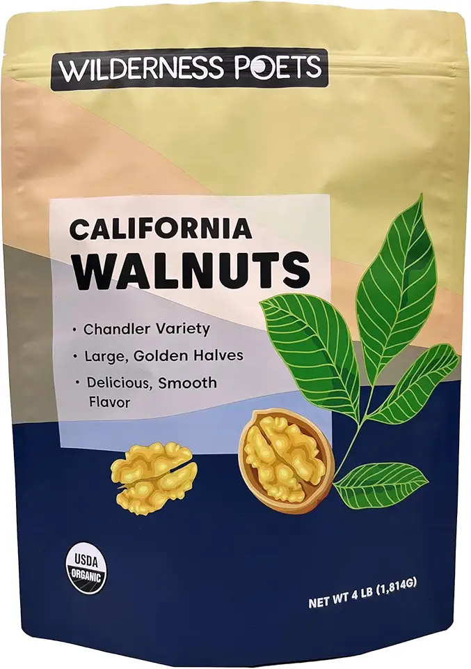 Wilderness Poets California Walnuts - Organic, Raw, Chandler Heirloom Variety - Golden, Blonde Halves, Bulk Size (64 Ounce - 4 Pound)