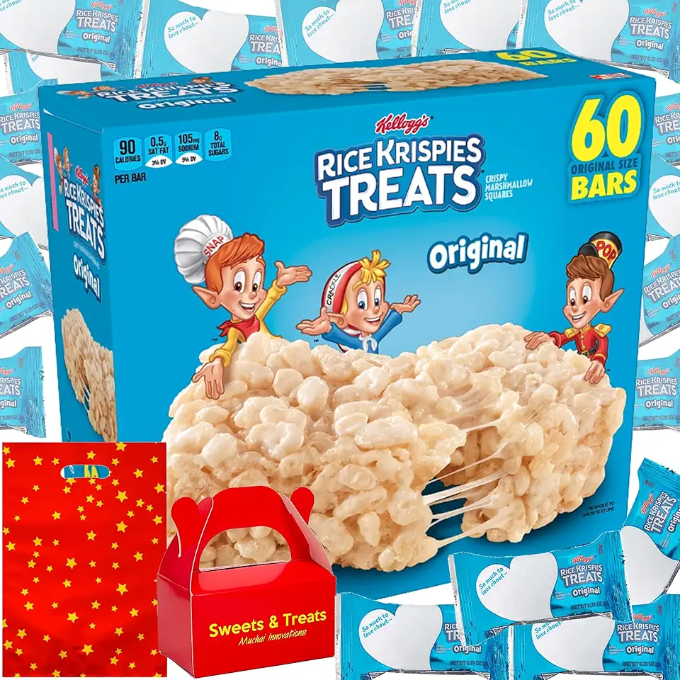 Rice Krispies Treats Mini Squares | Sweet Crispy Marshmallow Cereal Kids Snack Individually Wrapped | Birthday Classroom Party Gift Basket | Muchai Bag (60 Original Crispy Fun Size Bars)