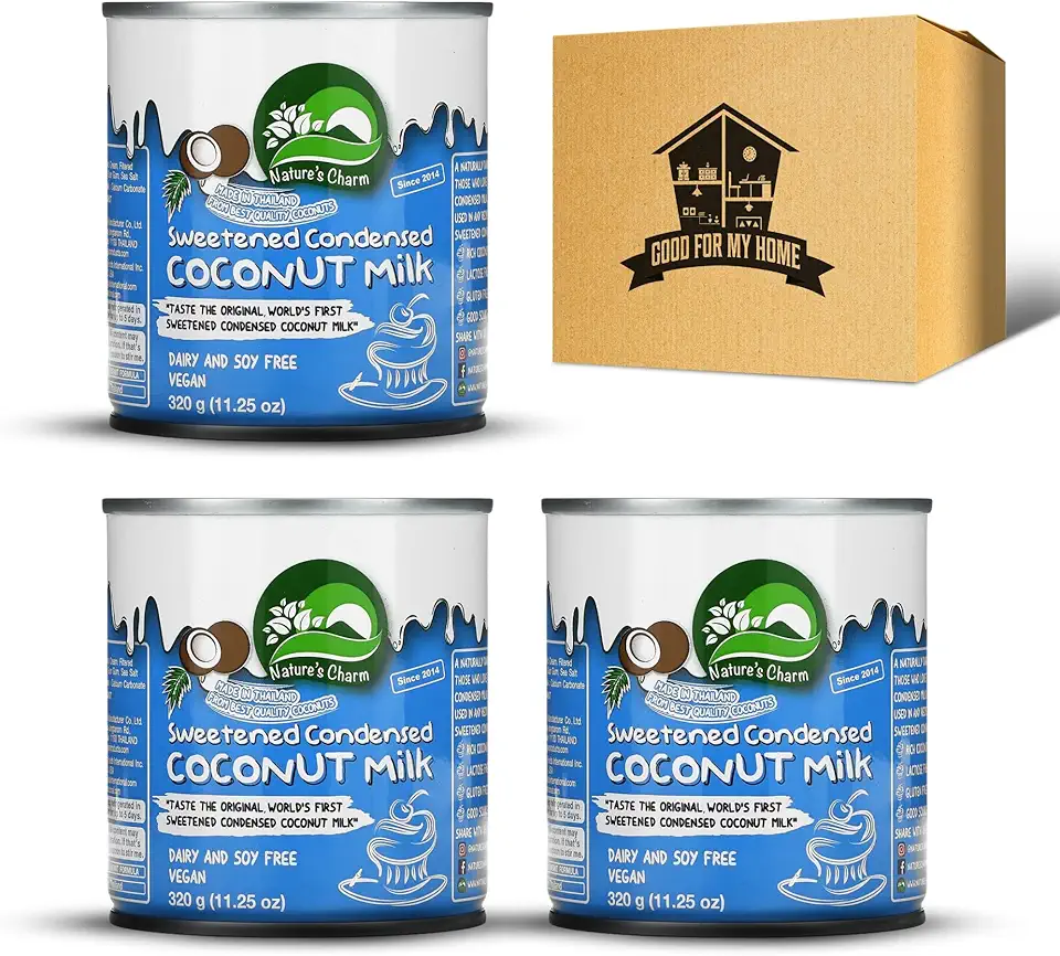 Sweetened Condensed Coconut Milk Bundle. Includes Three-11.25 Oz Nature&#x27;s Charm Sweetened Condensed Milk. Vegan Sweetened Condensed Milk for Desserts, Coffee, Baking - Comes with GOOD FOR MY HOME Box