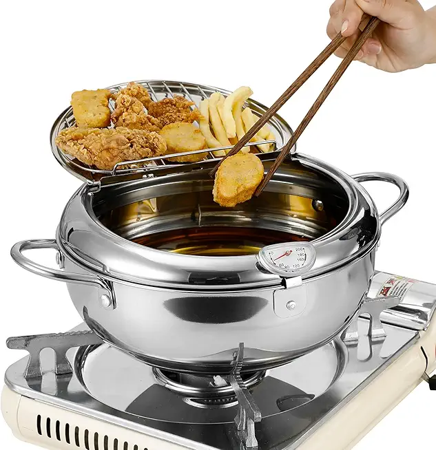 Deep Fryer Pot, 11 Inch/4.2 L Janpanese Tempura Frying Pot with Lid, Stainless Steel thermometer deepfryer with Temperature Control Oil filter rack, Kitchen French Fries maker, Chicken Oil Fry