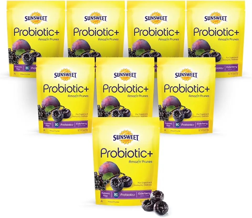 Sunsweet Pitted Prunes with Probiotics - Unsweetened, Dried, Gluten Free &amp; Unsulphured - Natural Elderberry Flavor - Fiber &amp; Minerals, 6oz - 8 Pack