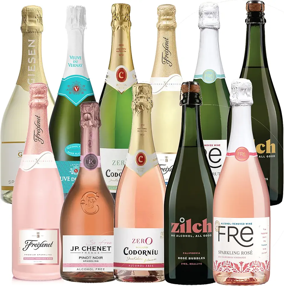 Sparkling and Sparkling Rosé Non-Alcoholic Wine Date Night Mixed 11 Pack Includes Freixenet, Zilch, Codorniu, Giesen, Veuve du Vernay, J.P. Chenet and Fre 750ml Zero Alcohol Dealcoholized Champagne