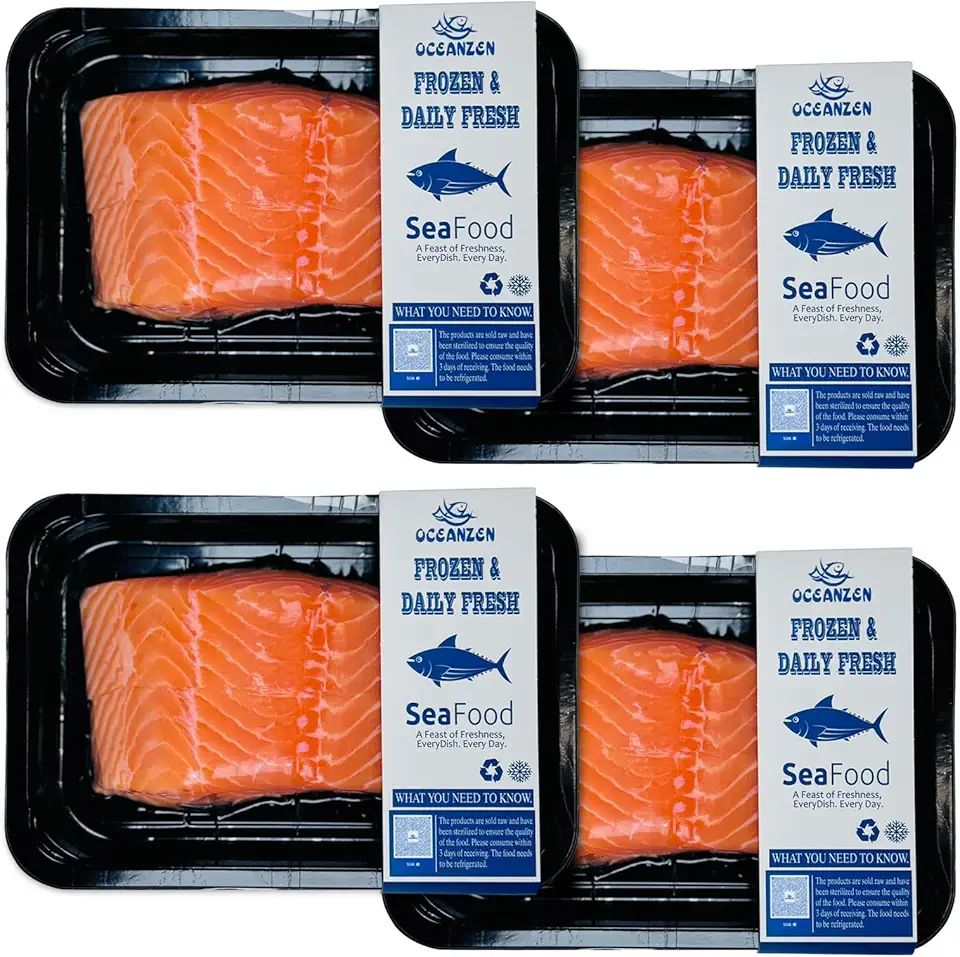 OCEANZEN: Atlantic Salmon -4 Packs of (2 x 6 oz Fresh Skinless Fillets) Shipped Frozen,Sashimi Grade - Sustainable Sourcing (3 lbs) Box