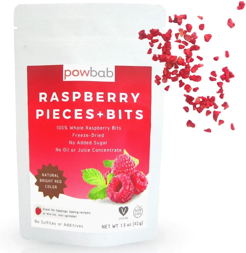 powbab Raspberry Pieces + Bits. Freeze Dried Raspberries for Baking Chips. Unsweetened Dehydrated Raspberries, Freeze Dried Fruit Bulk with No Sugar Added, No Oil. Gluten Free, Non-GMO (1.5 oz)