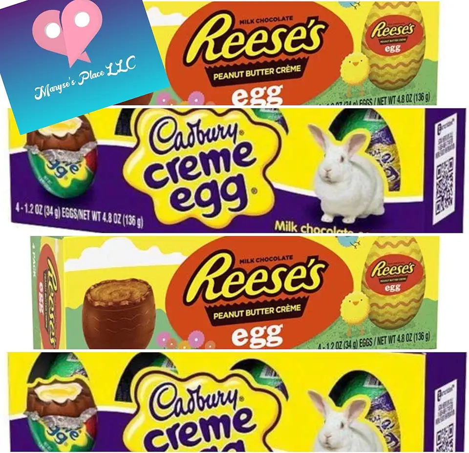 Maryseplace Easter Eggs Variety packs of 2 Flavors- 16 Eggs Totals-Cadbury Creme Milk Chocolate Eggs(4) &amp; ReesePeanut Butter Eggs(4) - Easter Chocolate - Gift Boxed, Easter Hunt, Easter Candy- Basket &amp; Filler, Party Decor (16 Eggs)