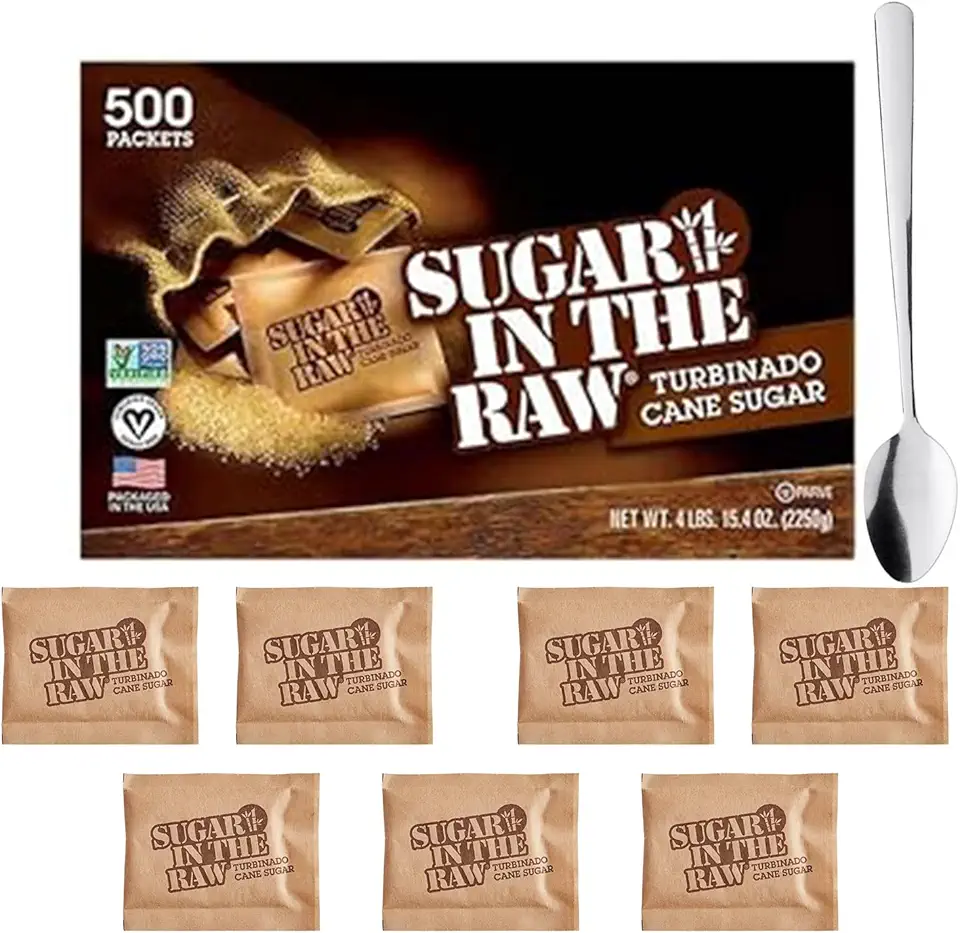 Sugar InThe Raw Packets 500 Count, Brown Sugar Packets, Natural Sweetener for Drinks and Baking, Sugar Packets for Home, Office, Coffee, Bar, Gift,Restaurants, &amp; Coffee Stations Plus Bools Spoon Perfect for Mixing