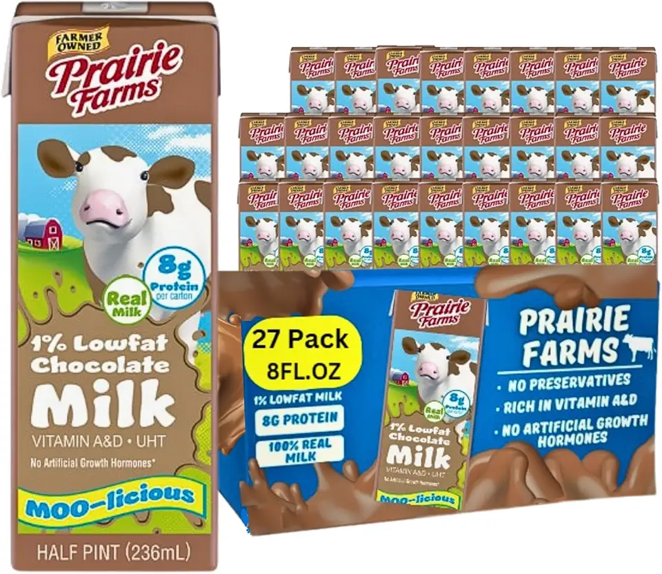 Prairie Farms - Chocolate Milk -Shelf Stable 1% Low Fat Milk, Chocolate Milk Boxes Vitamin D, Kosher - 8 FL oz. (27 Pack)