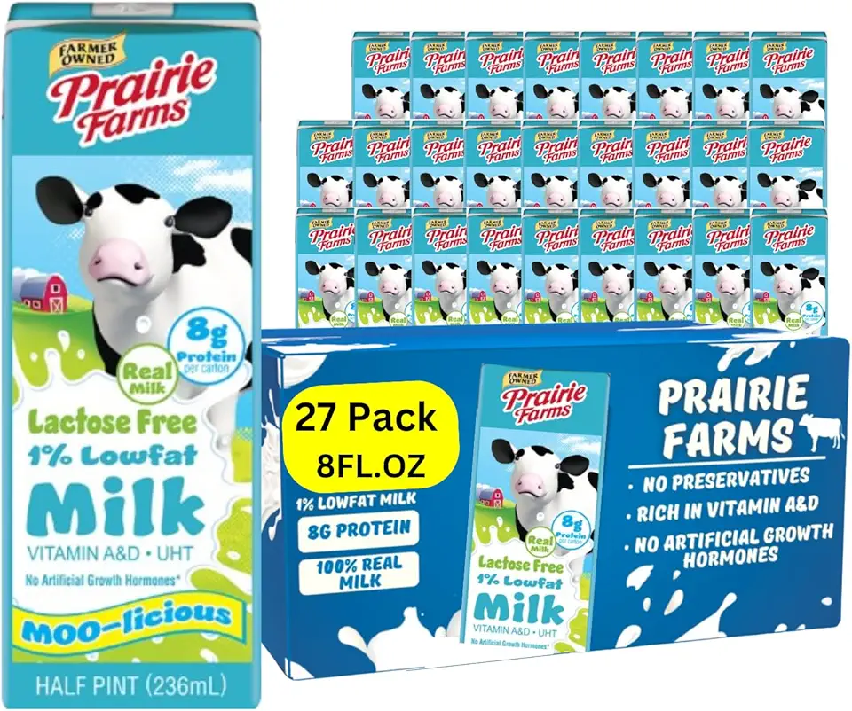 Prairie Farms - Lactose Free Milk, Shelf Stable 1% Low Fat Milk Boxes Vitamin D, Gluten Free, UHT Milk, Kosher - 8oz. (27 Pack)