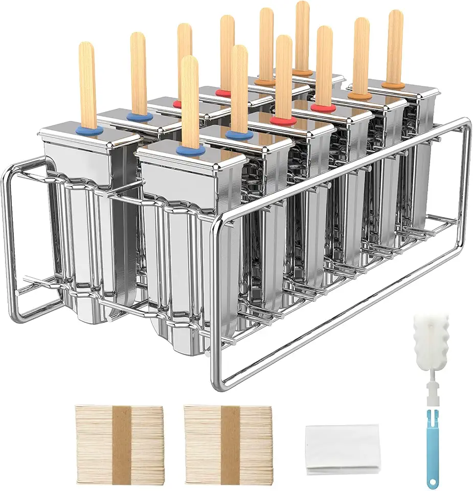 12 Pack Stainless Steel Popsicle Molds, Homemade Ice Lolly Molds with Holder, Reusable Round Head Fast Freezing Ice Treat Maker with Wooden Sticks and Bags