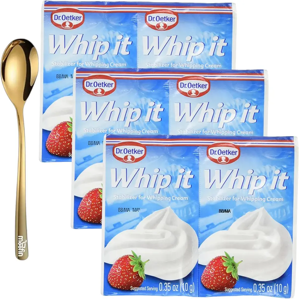 Dr. Oetker Whipping Cream Stabilizer, 0.35 Oz, With Moofin Golden Ss Spoon - Long-Lasting, Firm Texture For Desserts, Pies, Cakes, Tarts - Versatile Topping, Stiff Peaks, Holds Shape [Pack Of 3]