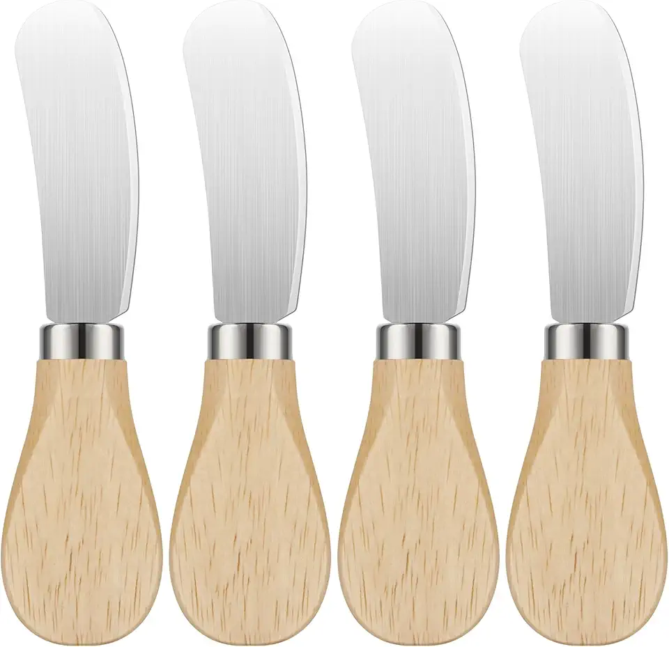 4 Pcs Cheese Spreader Set with Wooden Handle Mini Butter Knives Stainless Steel Cheese Slicer Small Cocktail Cutter for Charcuterie Boards Appetizers Condiments Cream Jam Sandwich