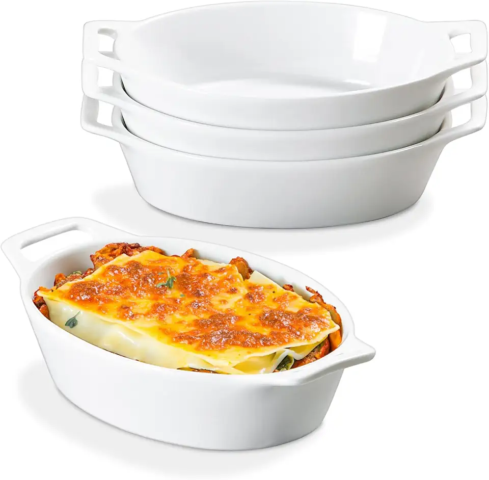 ONEMORE Oval Au Gratin Baking Dish, 20 oz Small Casserole Dishes with Handles 6x8&quot; Ceramic Baking Pan for 1-2 People, Oven Safe for Lasagna, Pies, Individual Servings &amp; Side Dishes, Set of 4, White