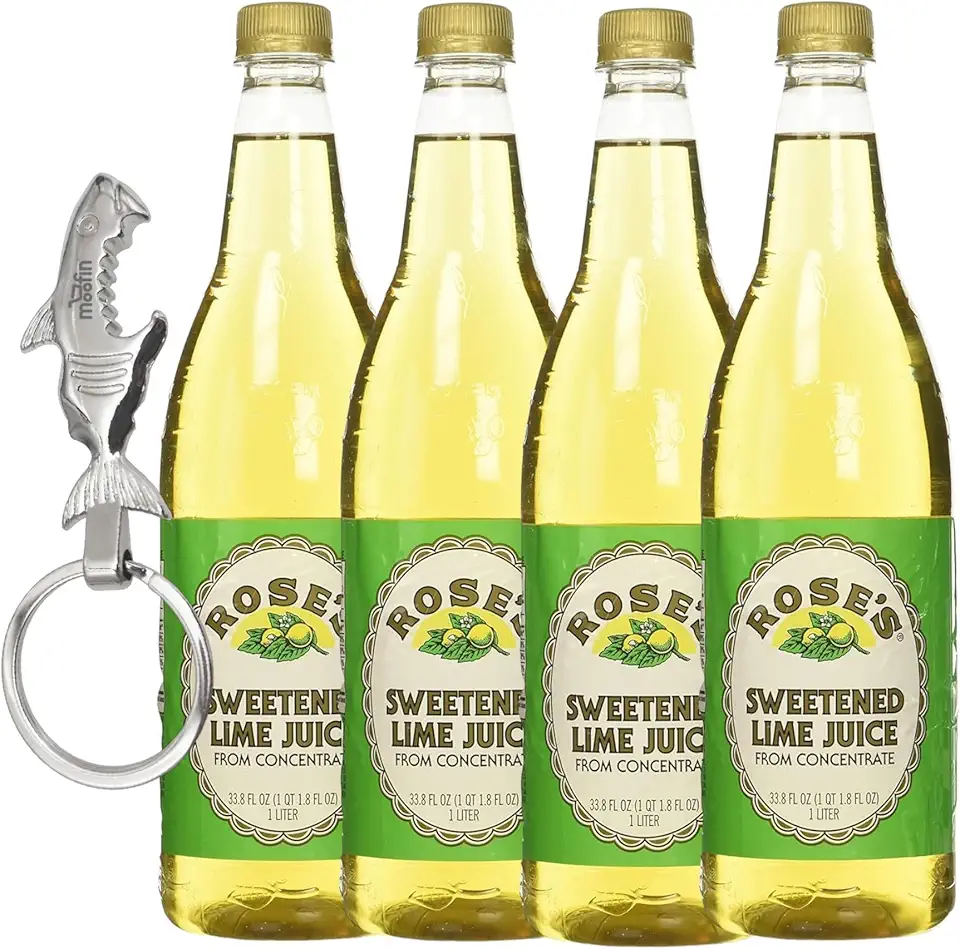 Rose&#x27;s Lime Juice, Freshly Squeezed Zest, Sweetened, Perfect for Cocktails, with Moofin Silver SS Bottle Opener Keychain, Citrus Bliss for Recipes, 1 Liter (33.8 Fluid Ounces) Plastic Bottle, 4-Pack