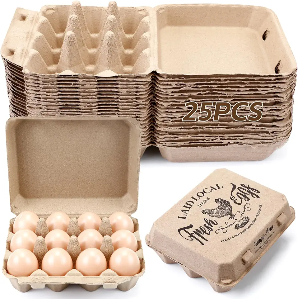 Zhanmai 25 Pcs Natural Paper Pulp Egg Cartons Blank Bulk Square Chicken Egg Cartons 12 Count Dozen Vintage Classical 3 x 4 Style Cardboard Egg Tray for Family Farm Market Storing