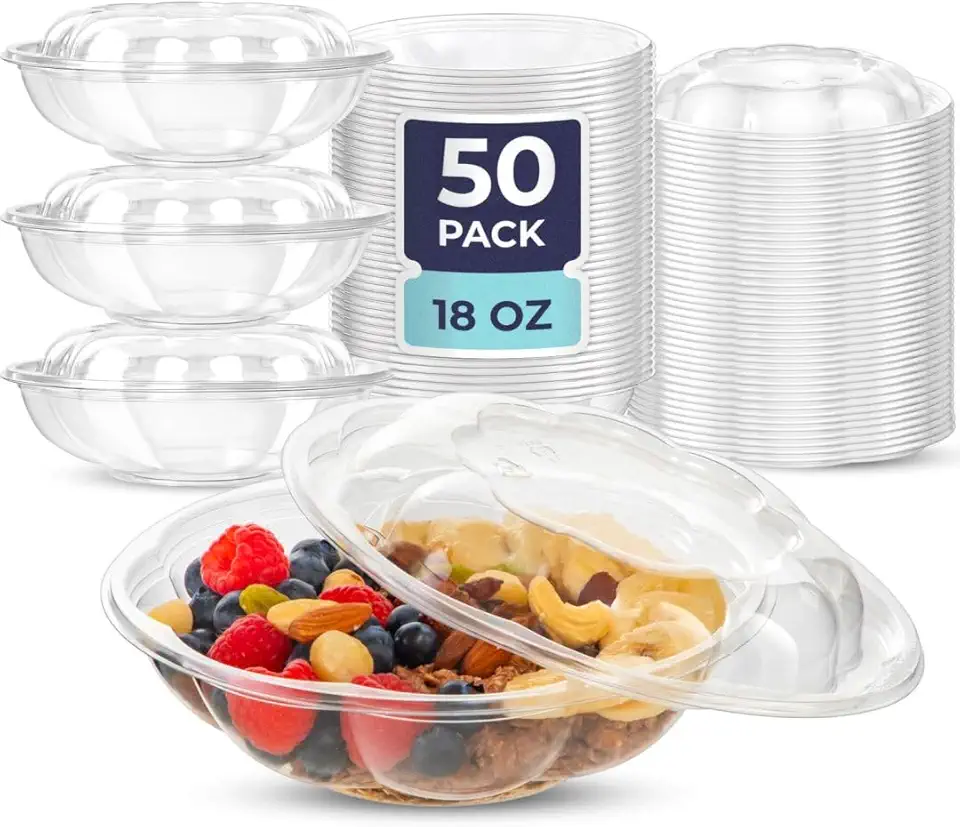 Fit Meal Prep 50 Pack 18 oz Disposable Plastic Clear Salad Bowls with Airtight Lids, Crystal Salad Bowls To Go for Lunch, BPA Free Food Takeout Containers, Acai Bowls for Uber Eats, Party, Severing