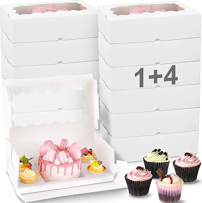 12 Pcs Bento Cake and Cupcake Box 1+4 Bento Box with Clear Window 5 Holes Cupcake Box Bento Cake Boxes Fit 4 Cupcakes and 1 Mini Cake for Wedding Birthday Party Bakery Baking Supplies