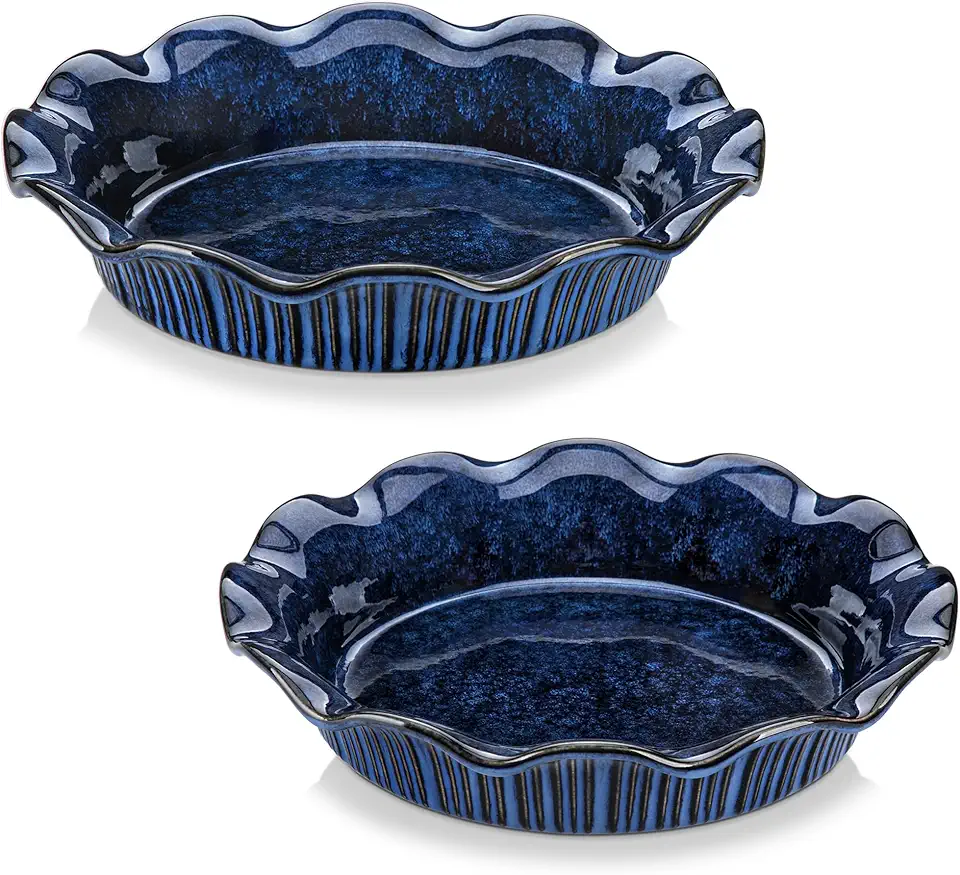 vancasso Stern Ceramic Pie Pan, 9 inch Pie Pans Set of 2, Deep Pie Dishes for Baking, Round Pie Plates for Apple, Quiche, Pot Pies, Tart, Oven &amp; Dishwasher Safe, Blue