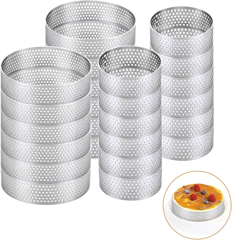 24 Pack Tart Rings, 2Inch + 3Inch Perforated Tart Ring Stainless Steel Nonstick Cake Ring Round Metal Pastry Cake Mold for Baking French Dessert, Fruit Tartet Crust