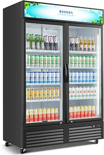 BODEGACOOLER Commercial Merchandiser Refrigerator, 2 Glass Door Commercial Beverage Refrigerator, 40 Cu. Ft Beverage Display Cooler with Soft LED Light, Adjustable Shelves and 4 Strong Castors(Black)