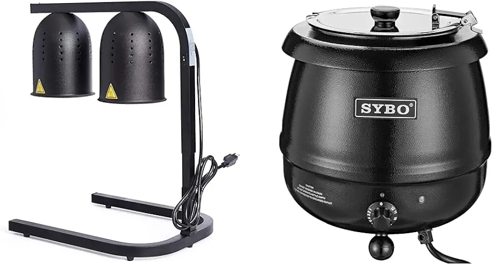 SYBO 500W 2-Bulb Food Heat Lamp &amp; 10.5Qt Soup Kettle w/Lid &amp; Insert Pot, Black