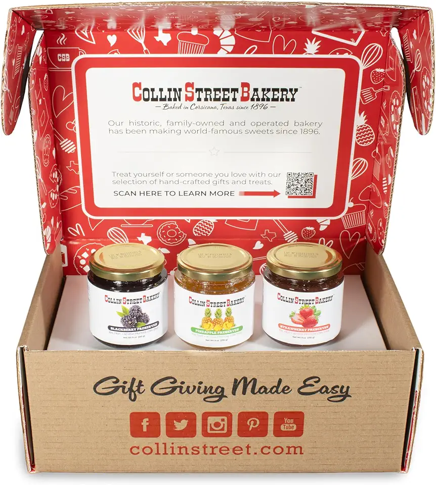 Collin Street Bakery - Real Fruit Preserves Sampler - Trio of Artisan Preserves Made With Natural Cane Sugar - Blackberry - Strawberry - Pineapple - Gourmet Fruit Preserves Gift Set - 9oz Per Jar (x3)