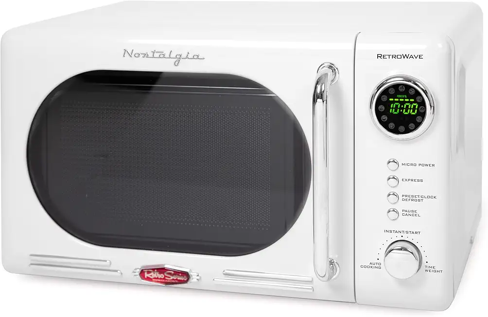 Nostalgia Retro Compact Countertop Microwave Oven - 0.7 Cu. Ft. - 700-Watts with LED Digital Display - Child Lock - Easy Clean Interior - White