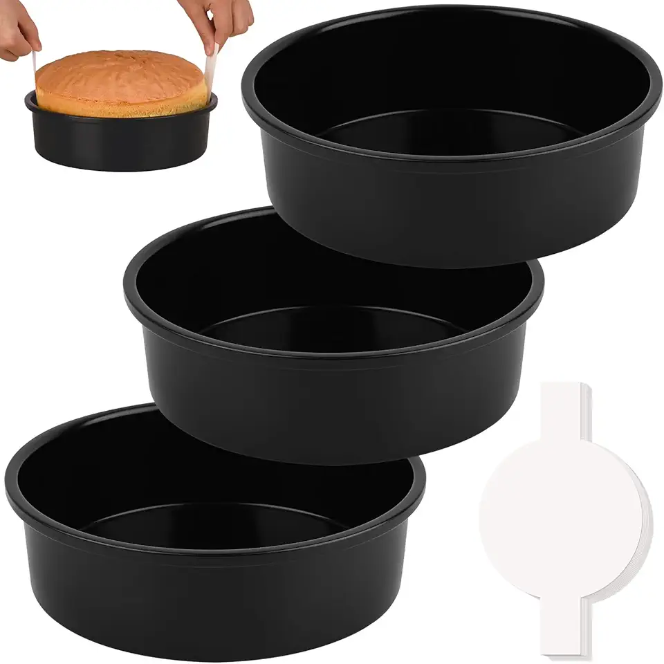 HUAKENER 8 Inch Cake Pan - Set of 3 Round Cake Pans with 100 Pieces Parchment Paper, Non-stick Cake Baking Pans, Dishwasher Safe