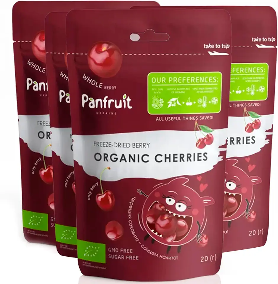 Panfruit Freeze-Dried Cherries Organic Fruit, 4 Single-Serve Pack, Whole Berries, Non GMO, No Added Sugar, Gluten free, Vegan, Gifts, Healthy Snack 0.7 Ounce, 8 x 5 x 2