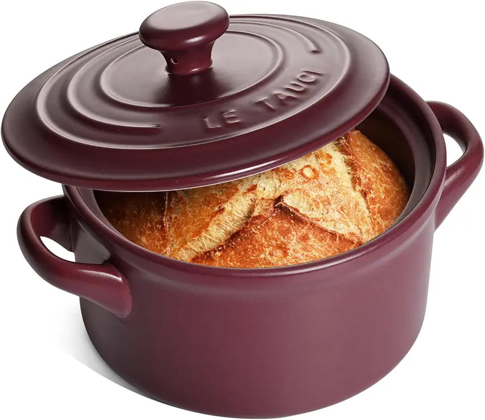 LE TAUCI 3 Quart Dutch Oven Pot with Lid, for No Knead Bread Baking, Sourdough Loaf, Non-Coated &amp; Non-Toxic Ceramic Small Bread Oven Pan, Use as Non-Stick Soup &amp; Stew Pot, Burgundy Red