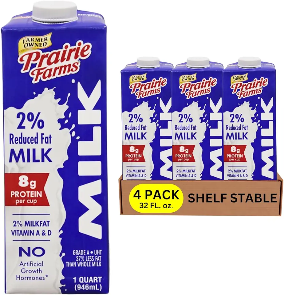 Prairie Farms - Shelf Stable Milk 2% Percent, Reduced Fat, Boxed UHT Ultra Pasteurized Milk, Vitamin D White Milk - Preservative and Hormone Free, Gluten Free, Kosher, Made in USA (1 Quart - 4 Pack)