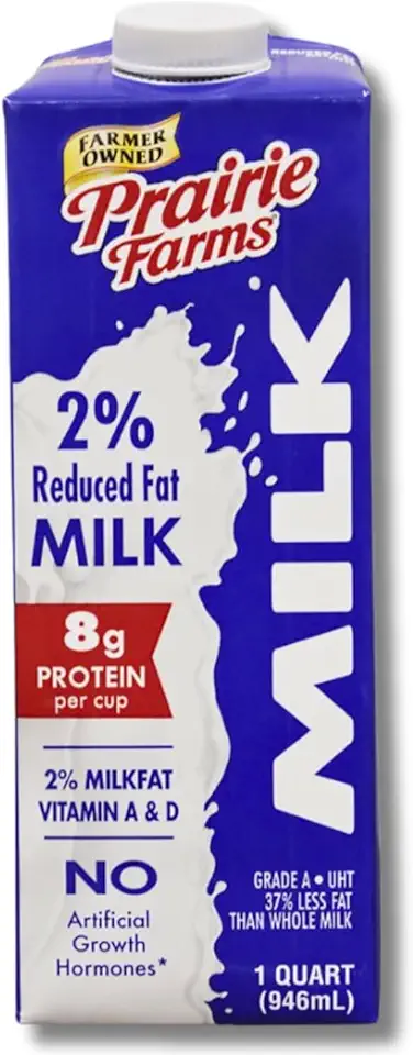 Prairie Farms - Shelf Stable Milk 2% Percent, Reduced Fat, Boxed UHT Ultra Pasteurized Milk, Vitamin D White Milk - Preservative and Hormone Free, Gluten Free, Kosher, Made in USA (1 Quart)