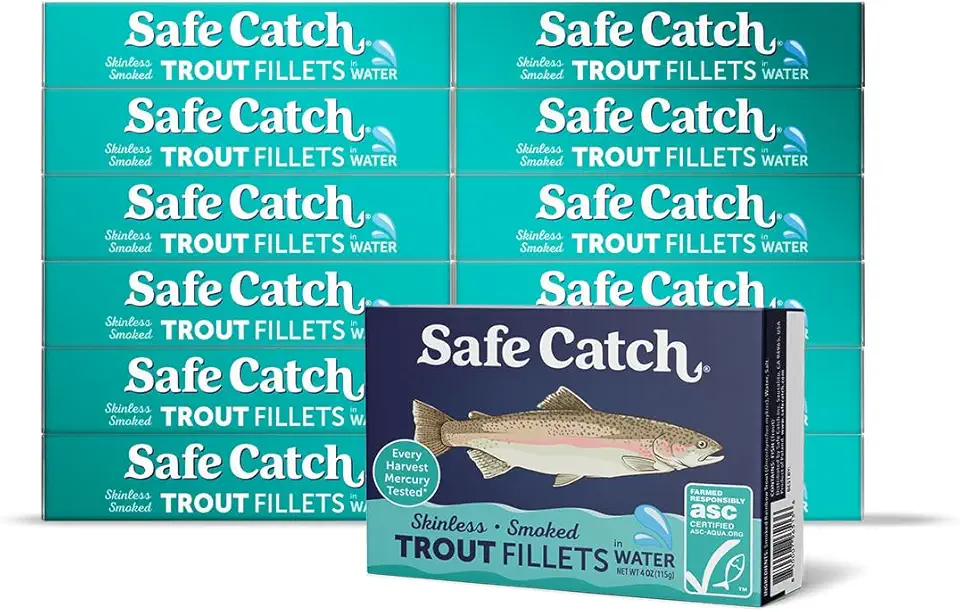 Safe Catch Smoked Rainbow Trout Fillets in Water, Skinless and Boneless Canned Fish, Mercury Tested, Pack of 12