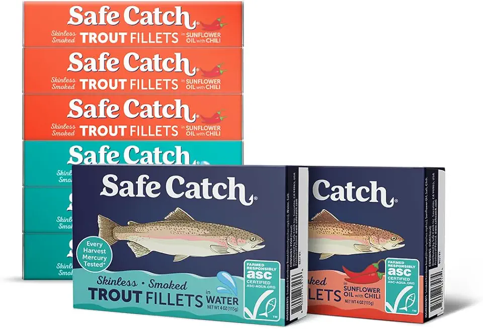 Safe Catch Smoked Rainbow Trout Fillets in Water, Skinless and Boneless Canned Fish, Mercury Tested, Variety Pack of 6