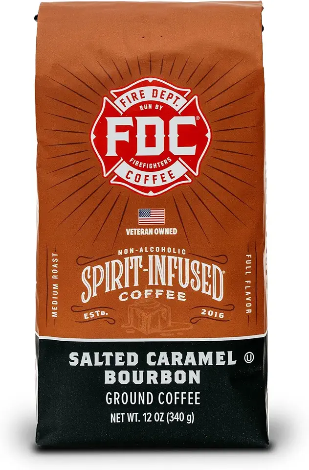 Fire Department Coffee - Salted Caramel Bourbon Coffee - Gives Back to Firefighters - Premium Bourbon Infused Ground Coffee - Non-Alcoholic - Roasted in the USA - Veteran Owned - 12 oz