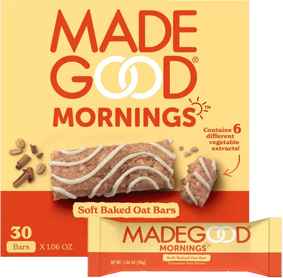 MadeGood Mornings Soft Baked Breakfast Bars, Cinnamon Bun 1.06 Oz (30 Count) Gluten Free Snacks