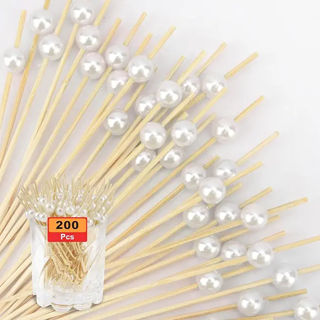 Cocktail Picks 200PCS, Toothpicks for Appetizers, Tooth Picks Wooden, 4.7 Inches Skewers Sticks for Fruit Drinks Food, Party Supplies White Pearl Bamboo Toothpicks Charcuterie Boards Accessories