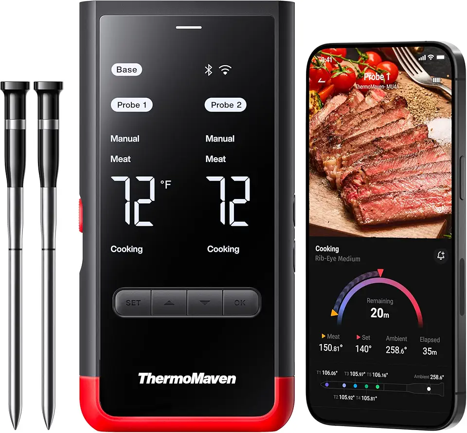 Wireless Bluetooth Smart Meat Thermometer: Standalone Base, WiFi Unlimited Range, 6 Sensors with NIST Certified Accuracy, 2 Probes, for BBQ, Grill, Oven, Smoker, Rotisserie (Red)