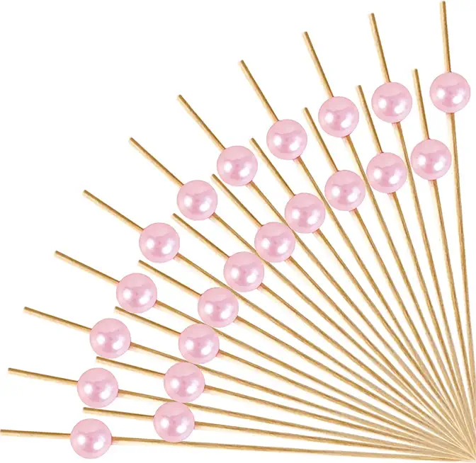 200 Pcs Cocktail Picks for Appetizers，Fancy Cocktail Picks for Party Decoration，4.7 inch Decorative Bamboo Skewers for Food Drinks, Holiday Wooden Sticks for Party (Pink pearl)